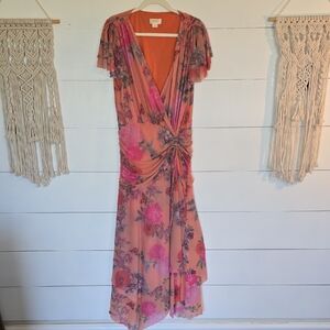 ANTHROPOLOGIE MAEVE Simone Orange Pink Floral Butterfly Ruched Maxi Dress XL
